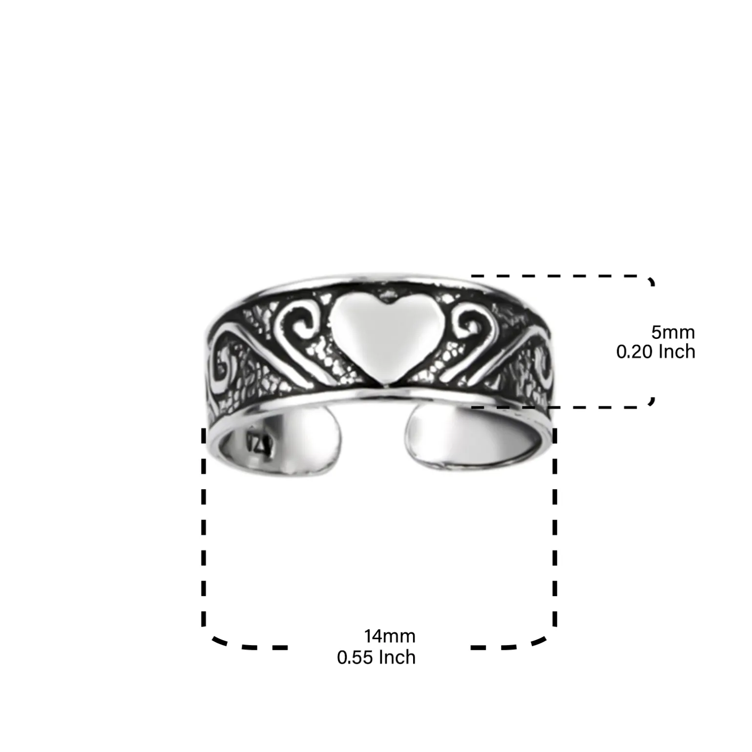 Zilveren teenring, gedecoreerde band met hart