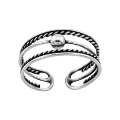 Zilveren teenring, gedraaide banden en bolletje