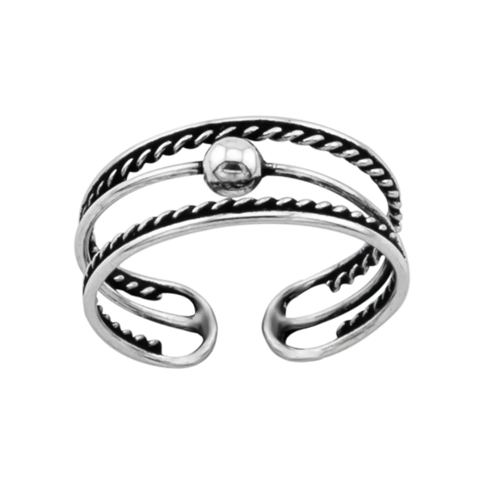 Zilveren teenring, gedraaide banden en bolletje