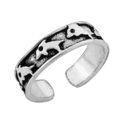 Zilveren teenring, geoxideerde band met dolfijnen