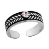 Zilveren teenring, geoxideerd zilveren bandje met bladdesign en kleurloze kristal
