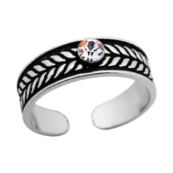 Zilveren teenring, geoxideerd zilveren bandje met bladdesign en kleurloze kristal