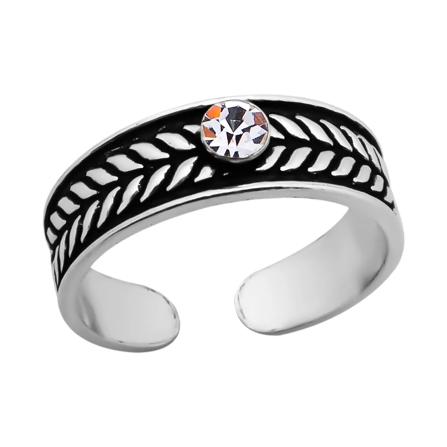 Zilveren teenring, geoxideerd zilveren bandje met bladdesign en kleurloze kristal