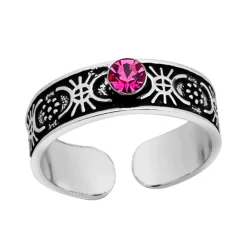 Zilveren teenring, geoxideerde, rijk gedecoreerde band met roze kristal