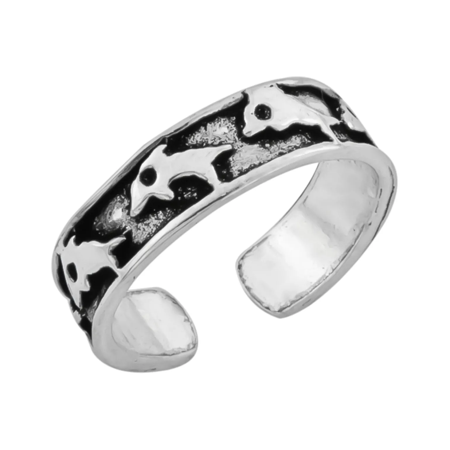 Zilveren teenring, geoxideerde band met dolfijnen