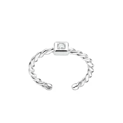 Zilveren teenring gevlochten, vierkant kristal