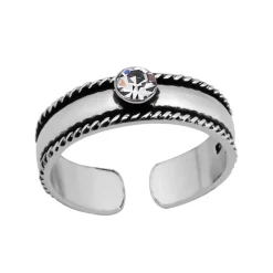 Zilveren teenring, gladde band met gedraaide randen en kristal