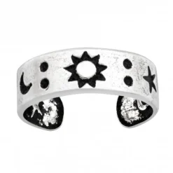 Zilveren teenring, maan, zon en ster