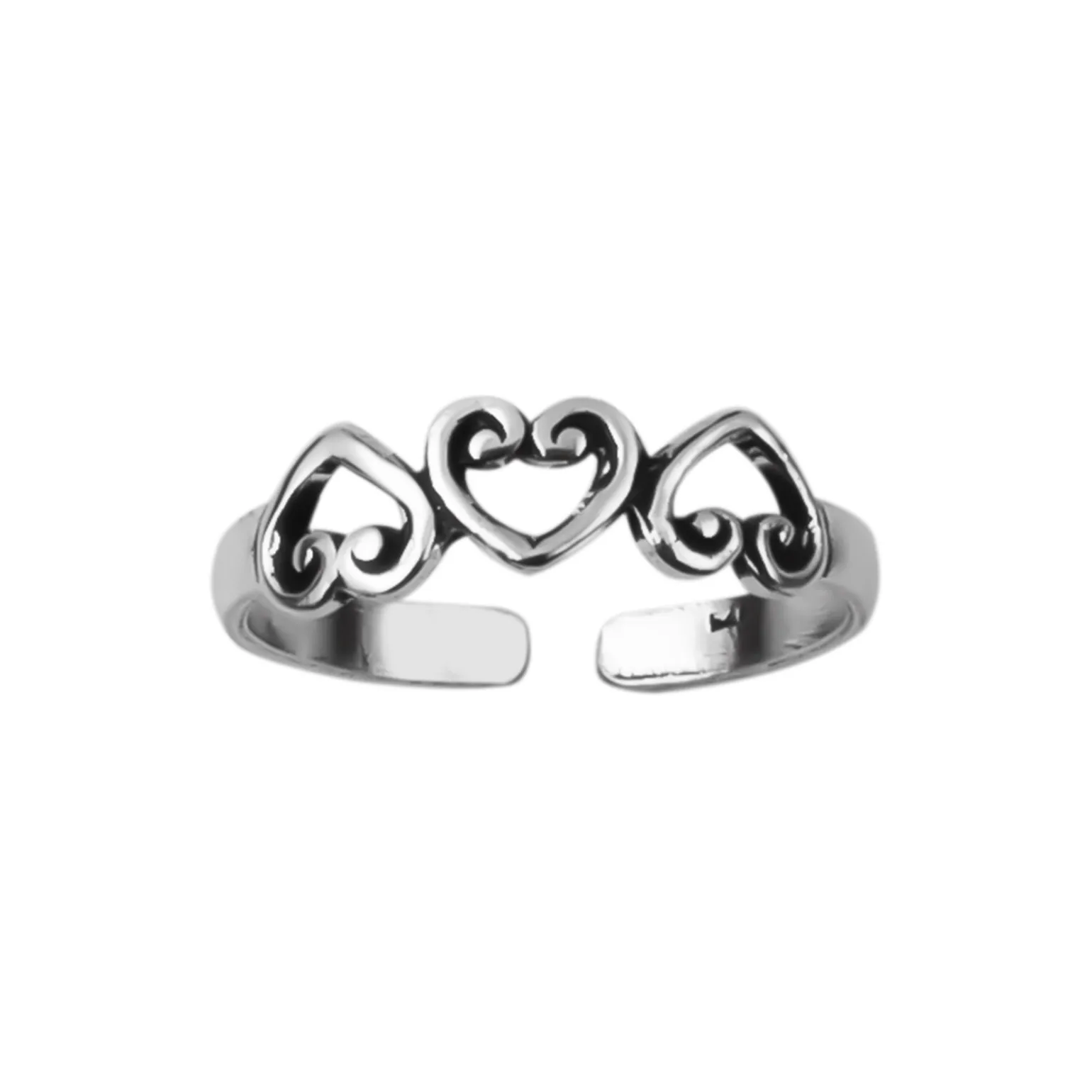 Zilveren teenring met drie hartjes