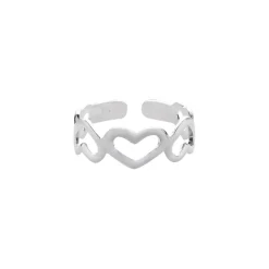 Zilveren teenring met hartjes