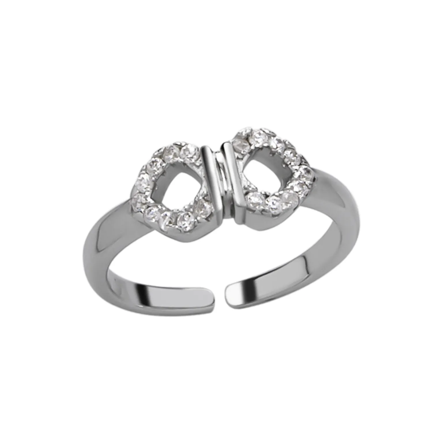 Zilveren teenring, strikje met kristallen