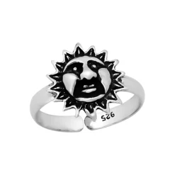 Zilveren teenring, zon met gezicht
