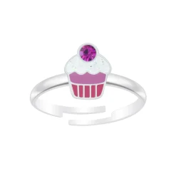 Zilveren verstelbare ring, cupcake met kristal